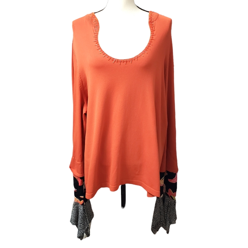 Boho Plus Orange Scoop Neck Top with Polka Dot and High Heel Sleeve Size 26/28W